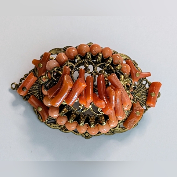 Victorian Brass Filigree 1.95 Natural Salmon and Angel Skin Coral Brooch